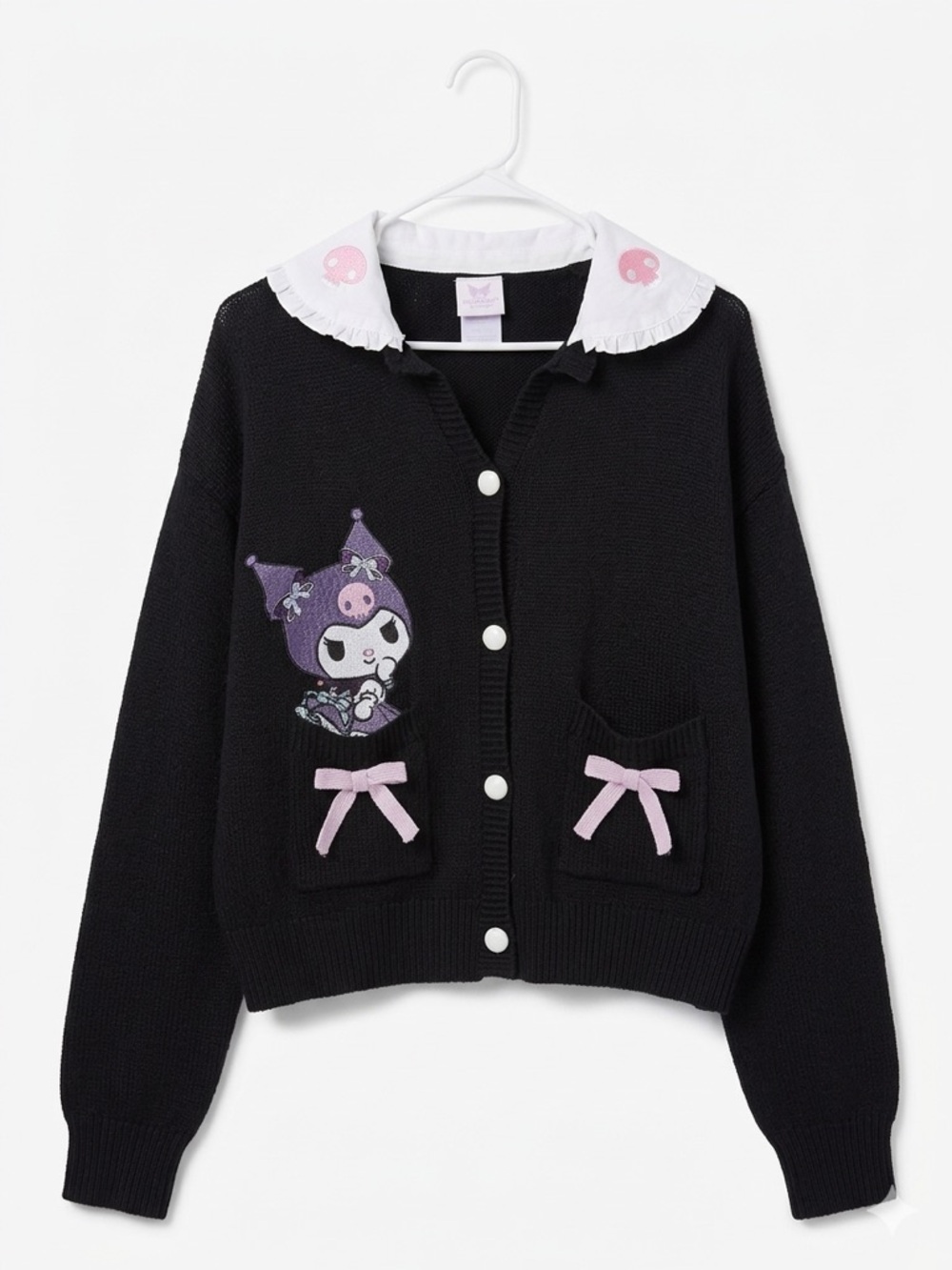 Sanrio black sweater cardigan with pink and purple accents
